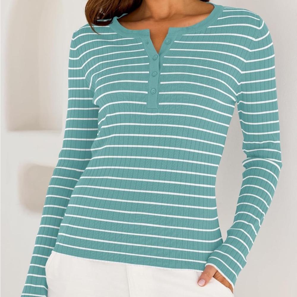 ZESICA Womens Long Sleeve Striped Button Up Sweater Mint. Size XL